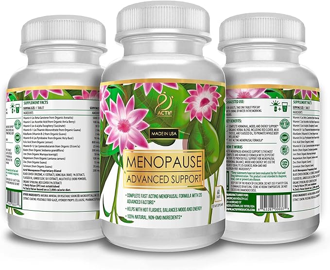 Actif Menopause Advanced Support with 20+ Organic Vitamins and Herbs - Relieves Hot Flashes, Night Sweats - Non GMO, Fast Acting, Made in USA, 60 Count