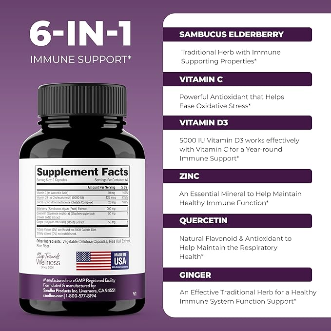 Elderberry Vitamin C and Zinc 120 Capsules | with Quercetin and Vitamin D3 | Immune Support for Adults | Herbal Supplement for Men and Women | 2 Months Supply | Natural Immunity Booster