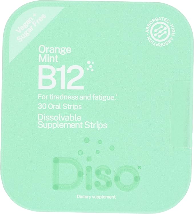 DISO - Vitamin B12 - Dissolvable Oral Strips, for Tiredness and Fatigue, Orange Mint Flavor, Vegan, Sugar Free, Maximum Absorption, Gluten Free, Individually Wrapped, 30 Count