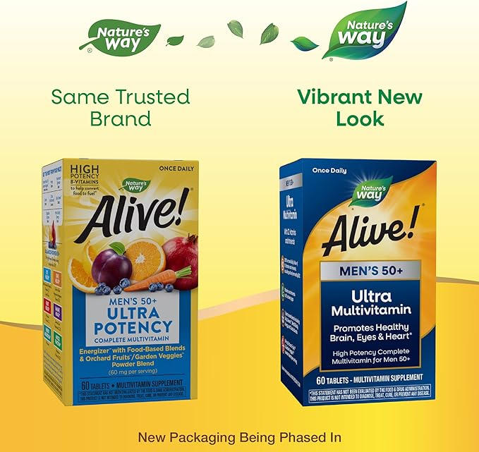 Nature's Way Alive! Men’s 50+ Daily Ultra Multivitamin, High Potency Formula, Supports Healthy Brain, Eyes & Heart*, with Methylated B12, Gluten-Free, 60 Tablets (Packaging May Vary)