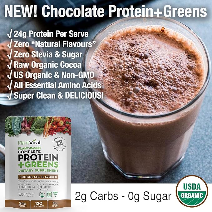 PlantVital Vegan Protein Powder Plant Based, Organic Protein Powder Chocolate, 24g/0g sugar, 12 Superfoods, Veggies, Probiotics, Raw Cocoa, Kale, Beets, Spirulina, Pea, Gluten-Free, Keto-Friendly,16oz