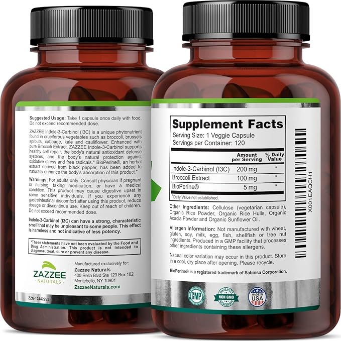 Zazzee High Absorption Indole-3-Carbinol (I3C), 200 mg per Capsule, 120 Vegan Capsules, 4 Month Supply, 5 mg BioPerine for Enhanced Absorption, 100% Vegetarian, All-Natural and Non-GMO