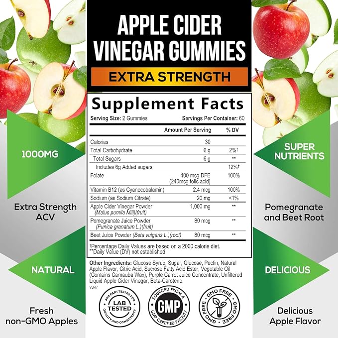 Vegan Apple Cider Vinegar Gummies | Max Strength 1000mg | ACV Supplement Gummy Vitamins for Adults, Supports Digestion, Metabolism, Natural Apple Flavor with Mother, Gluten Free, Non-GMO - 120 Gummies