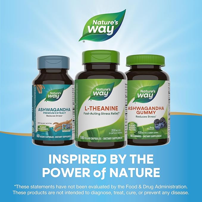 Nature's Way L-Theanine, Stress Support*, Promotes Relaxation*, 200 mg per 2-Capsule Serving, Vegan, 180 Capsules (Packaging May Vary)