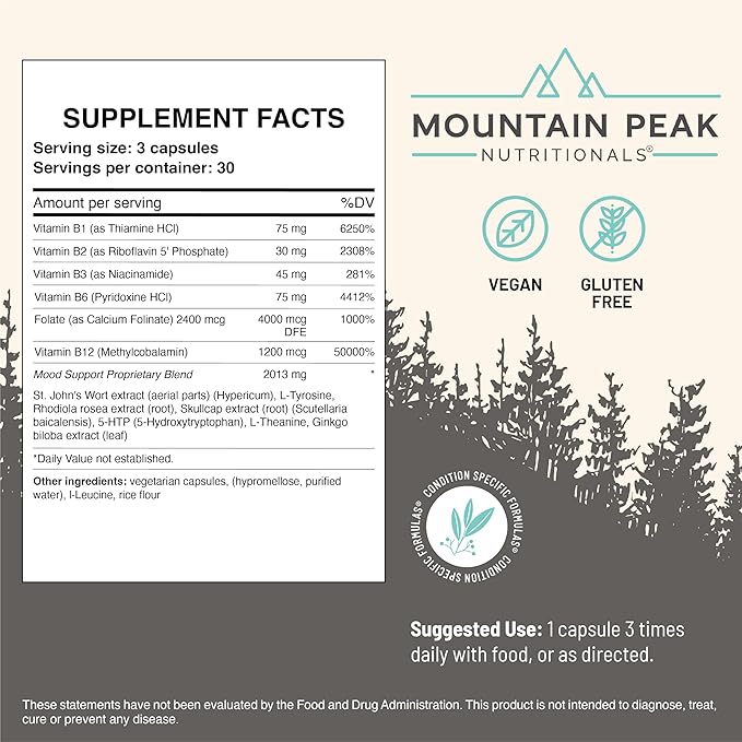 Mountain Peak Nutritionals Mood Support Formula - Supports Serotonin Levels - Hypoallergenic Dietary Supplement (90 Vegetarian Capsules)