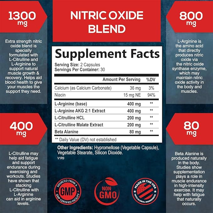 Extra Strength Nitric Oxide Supplement L Arginine 3X Strength - Citrulline Malate, AAKG, Beta Alanine - Premium Muscle Supporting Nitric Booster for Strength & Energy to Train Harder - 60 Capsules