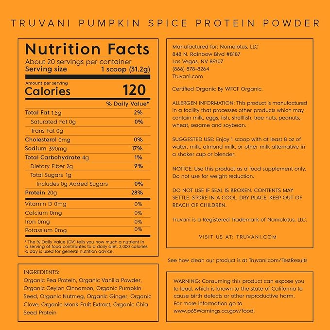 Truvani Vegan Pea Protein Powder | Pumpkin Spice | 20g Organic Plant Based Protein | 20 Servings | Keto | Gluten & Dairy Free | Low Carb | No Added Sugar