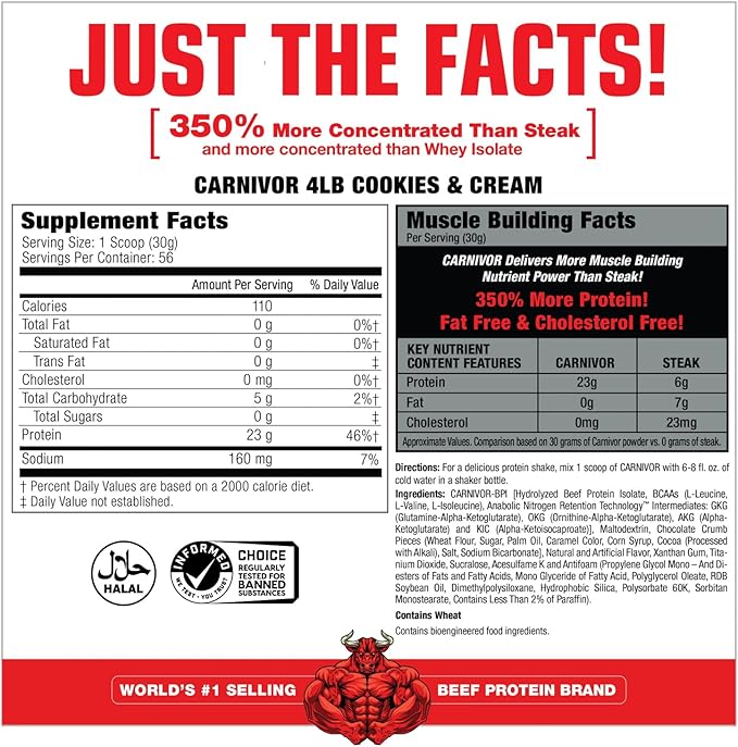 MuscleMeds Carnivor Beef Protein Isolate Powder, Cookies & Cream, 56 Servings, 1680 Gram, 59.2 Ounce, 3.7 Pound