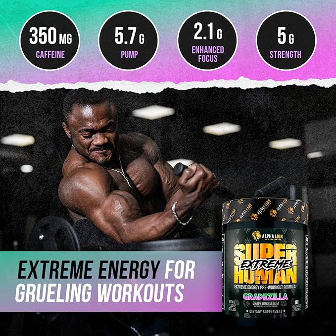 ALPHA LION Superhuman Extreme Pre Workout Powder, Beta Alanine, L-Taurine & Tri-Source Caffeine for Sustained Energy, Nitric Oxide & Citrulline for Pump (21 Servings, Grape Flavor)