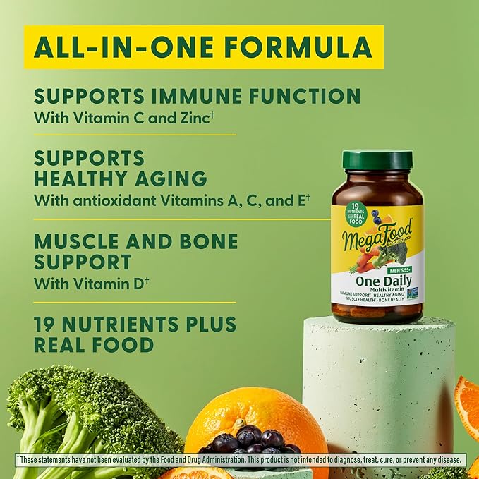 MegaFood Men's 55+ One Daily - Multivitamin for Men with Vitamin B12, Vitamin C, Vitamin D & Zinc - Optimal Aging & Immune Support Supplement - Vegetarian - Made Without 9 Food Allergens - 90 Tabs