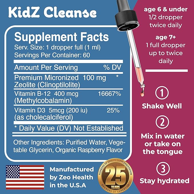 Kidz Cleanse | Zeolite Detox for Kids | Development, Behavior, Energy and Gut Health Support Supplement | Easy to Take, Pure Liquid Zeolite Drops + Methyl B12 + D3 (Orange Flavor) - 2oz