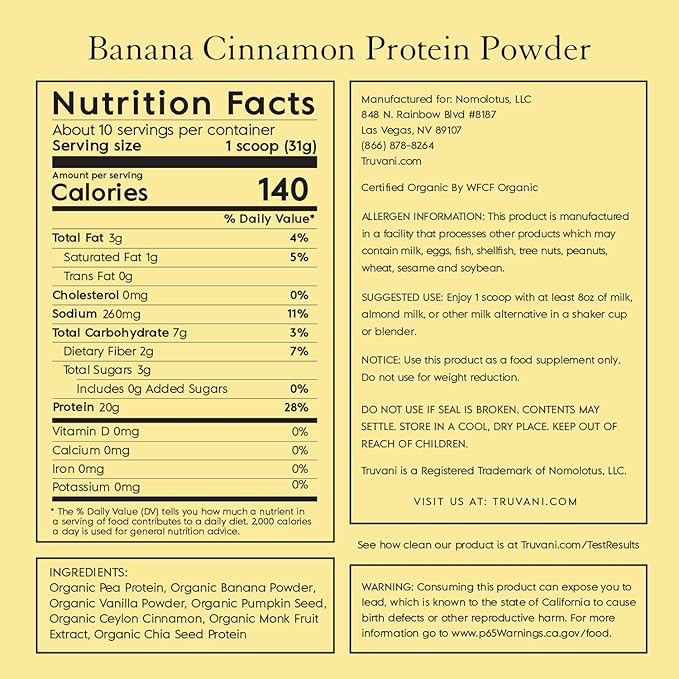 Truvani Vegan Pea Protein Powder | Banana Cinnamon | 20g Organic Plant Based Protein | 10 Servings | Keto | Gluten & Dairy Free | Low Carb | No Added Sugar