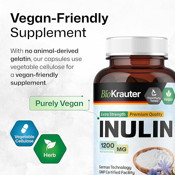BIO KRAUTER Inulin Powder Capsules - 1200 mg Strength - 100 Count - Fiber Supplement - Chicory Root Fiber Capsules for Digestive Support - Pure Soluble Fiber Supplements - Vegan Inulin Capsules