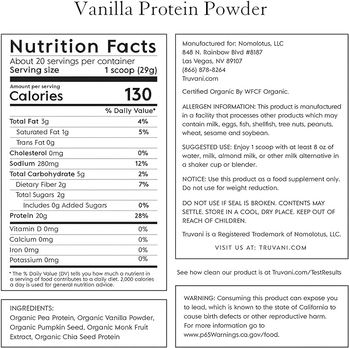 Truvani Vegan Pea Protein Powder | Vanilla | 20g Organic Plant Based Protein Per Serving | 20 Servings | Keto | Gluten & Dairy Free | Low Carb | No Added Sugar