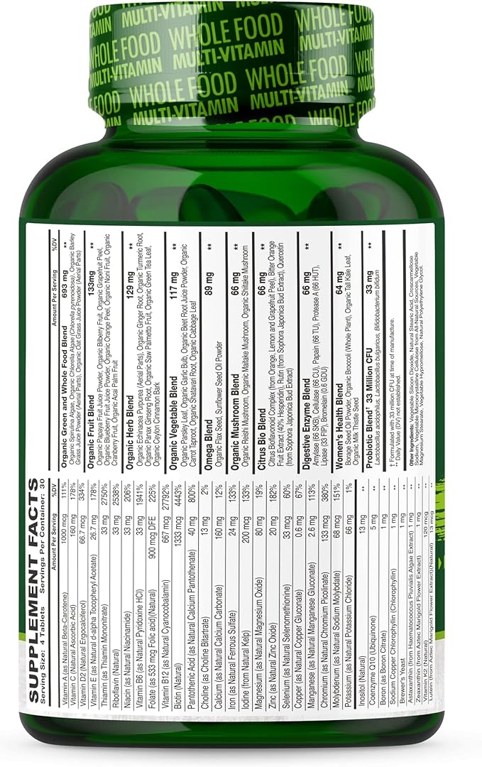 Whole Food Multivitamin for Women - Natural Multi Vitamins, Minerals, Organic Extracts - 120 Tablets