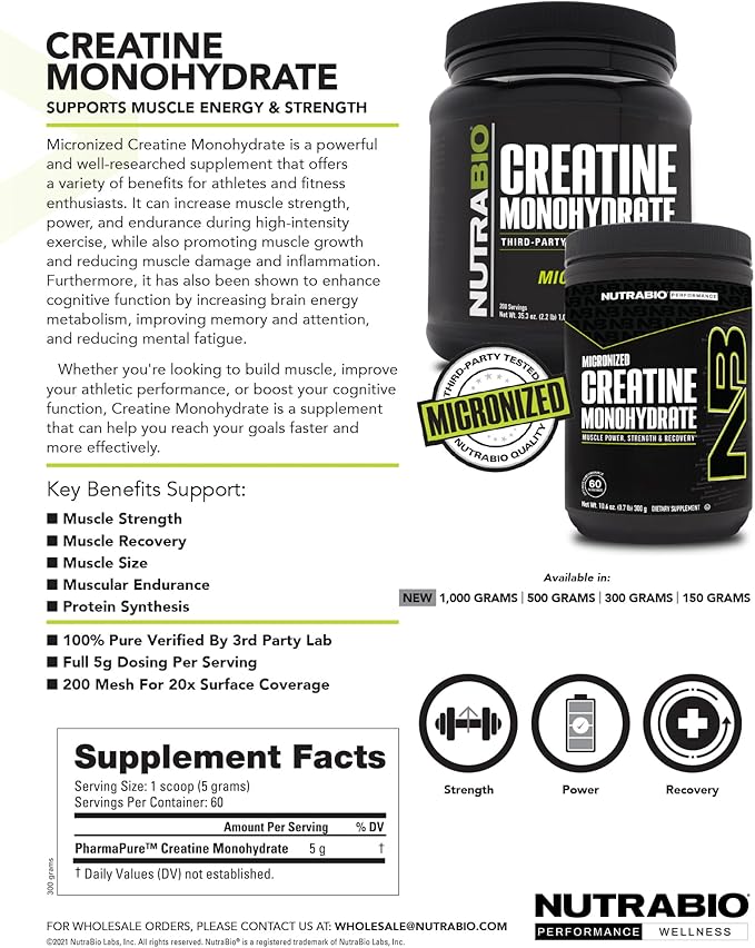 NutraBio Pure Creatine Monohydrate Powder Supplement, Unflavored, (1000 g) - Supports Bulk Muscle Energy, Recovery, and Strength - HPLC Tested Pure Grade Creatine Powder Supplement for Men and Women