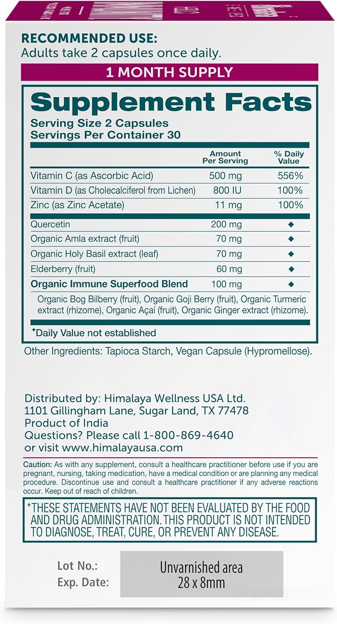 Himalaya Hello Immunity with Quercetin, Vitamin C, Vitamin D, Zinc, Amla, Elderberry & Holy Basil for Daily Immune Support, Vegan, Gluten Free, 60 Capsules, 1 Month Supply