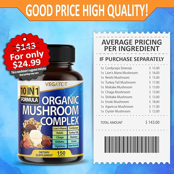 10 in 1 High Strength Mushroom Supplement 9,700MG - Lions Mane, Cordyceps, Reishi - Brain Supplements for Memory and Focus ** 5-Month Supply