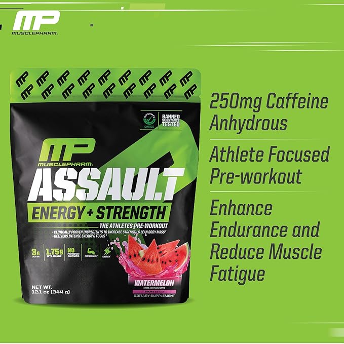 Muscle Pharm Assault Energy & Strength Pre Workout Powder for Men & Women with Beta Alanine, Caffeine, Creatine & Betaine Anhydrous, Pre-Workout Supplements, 30 Servings, Watermelon Flavor