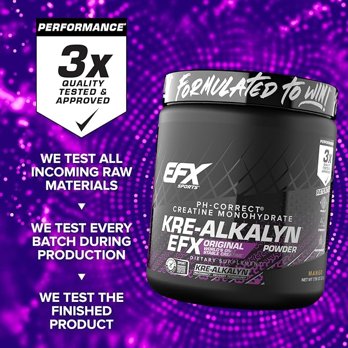 EFX Sports Kre-Alkalyn EFX Powder | pH Correct Creatine Monohydrate Powder Supplement | Strength, Muscle Growth & Performance | 110 Servings (Mango)