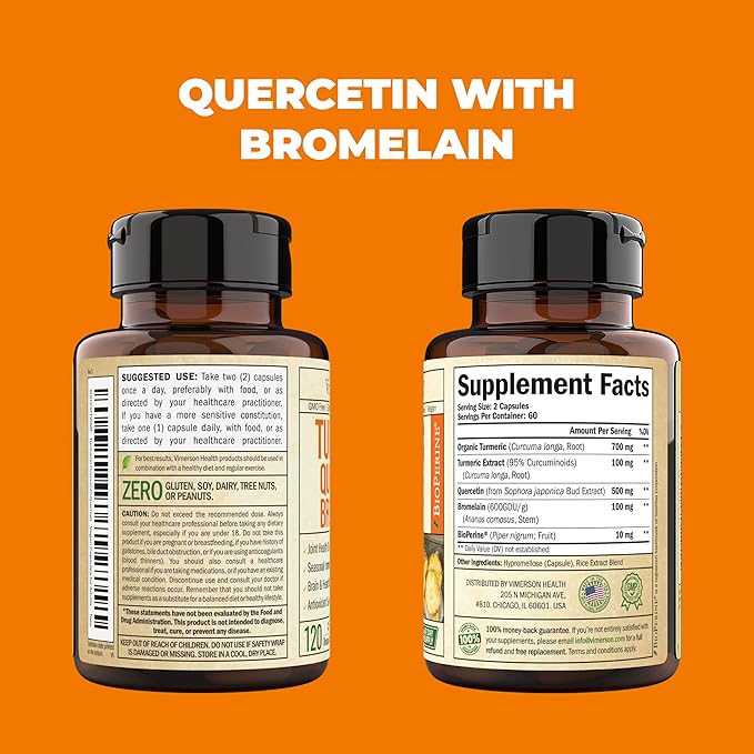 Quercetin with Bromelain Turmeric Supplement - Quercetin 500mg Capsules with Curcumin & Bromelain powder for Allergy & Joint Support. Turmeric Curcumin Bromelain Supplement. 120 Vegan Tumeric Capsules