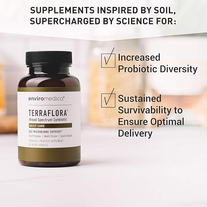 Terraflora Daily Care synbiotic of probiotics and prebiotics for Women and Men 60 ct, Soil Based, Shelf Stable, allergen Friendly Spore Based Supplement Capsules Promote Gut Health by Enviromedica
