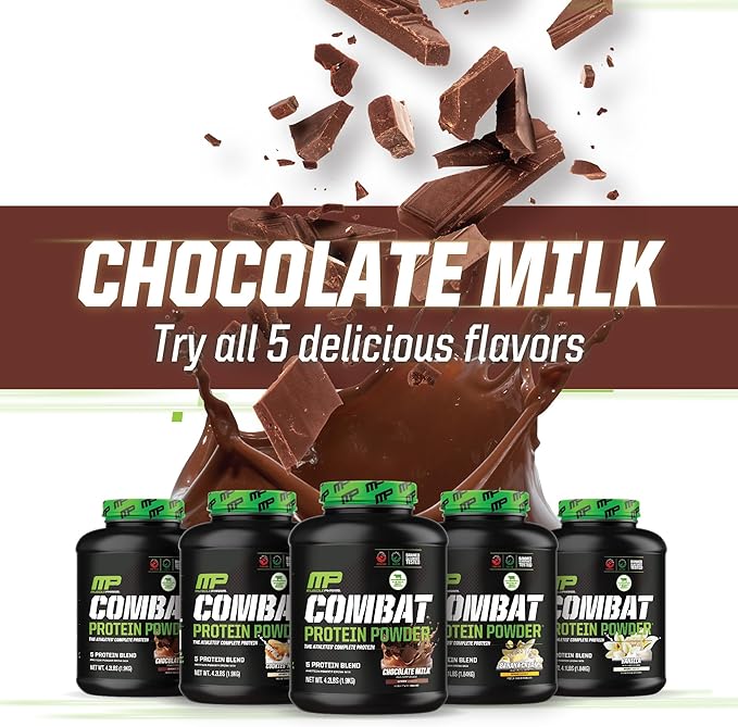 MusclePharm Combat Protein Powder, Chocolate Milk Flavor, Fuels Muscles for Productive Workouts, 5 Protein Sources Including Whey Protein Isolate & Egg Albumin, Gluten Free, 2 lb, 26 Servings
