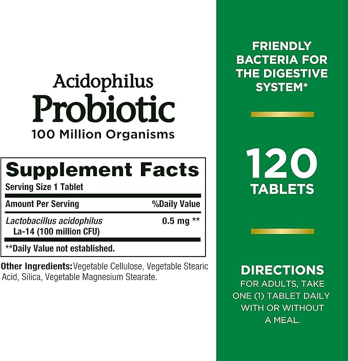 Nature's Bounty Acidophilus Probiotic, Daily Probiotic Supplement, Supports Digestive Health, 1 Pack, 120 Tablets