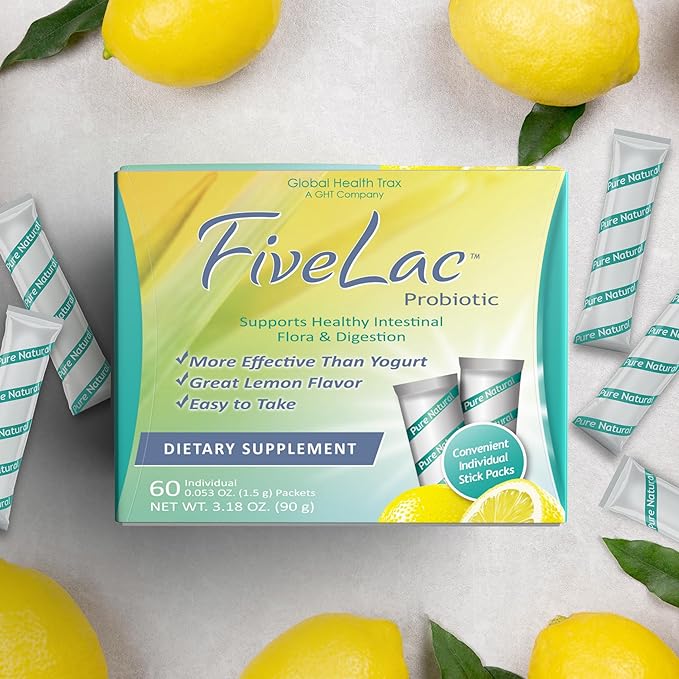 GHT - FiveLac Lemon Probiotic Powder Drink Mix, Probiotics for Women, Men, and Kids - Smooth Digestive Support and Elimination - Relieves Occasional Constipation and Gas - 60 Packets (2 Pack) Non-GMO