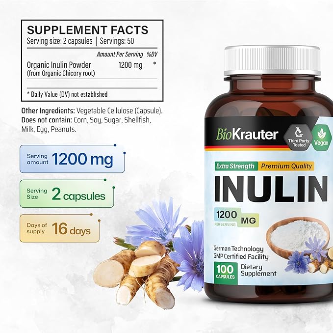 BIO KRAUTER Inulin Powder Capsules - 1200 mg Strength - 100 Count - Fiber Supplement - Chicory Root Fiber Capsules for Digestive Support - Pure Soluble Fiber Supplements - Vegan Inulin Capsules