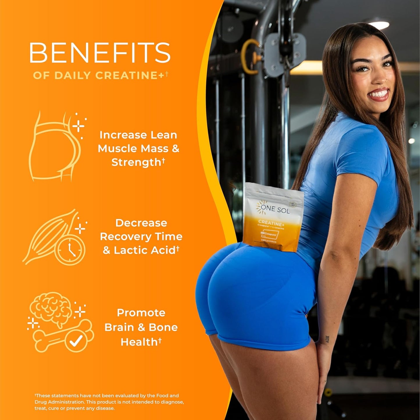 One Sol Creatine for Women Booty Gain, All Natural Women's Creatine Powder with Creapure, Increase Lean Muscle Mass, Reduce Recovery Time, Promotes Brain & Bone Health (Unflavored, 100 Servings)