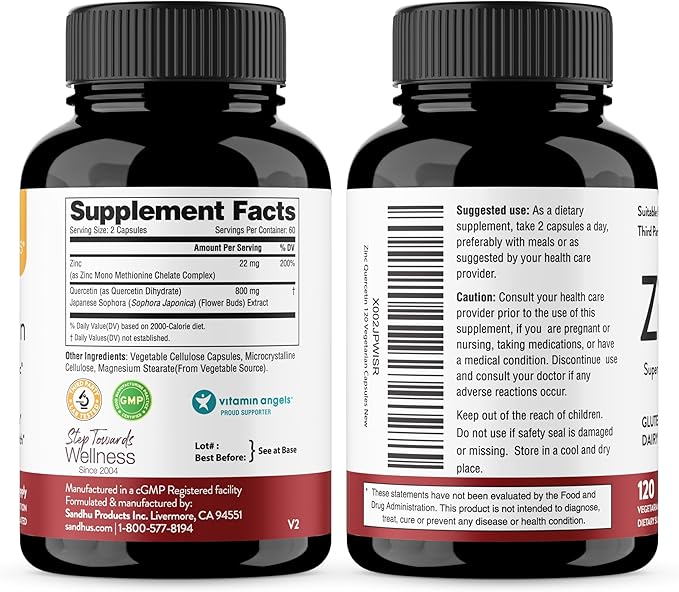 Sandhu’s Zinc Quercetin 120 Vegetarian Capsules – Zinc Supplements for Antioxidant Immune Support Zinc for Men and Women – Gluten, Soy, Dairy Free