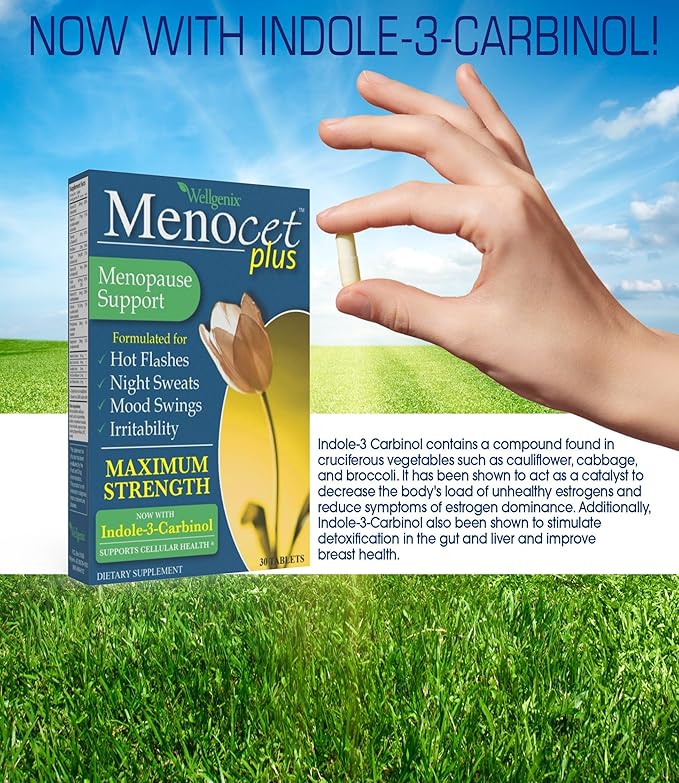 Wellgenix Menocet Plus Menopause Support - Natural Supplement for Women - Daily Relief Feminine Care - Helps with Hot Flashes, Night Sweats, Mood Swings & Irritability - 30 Tablets