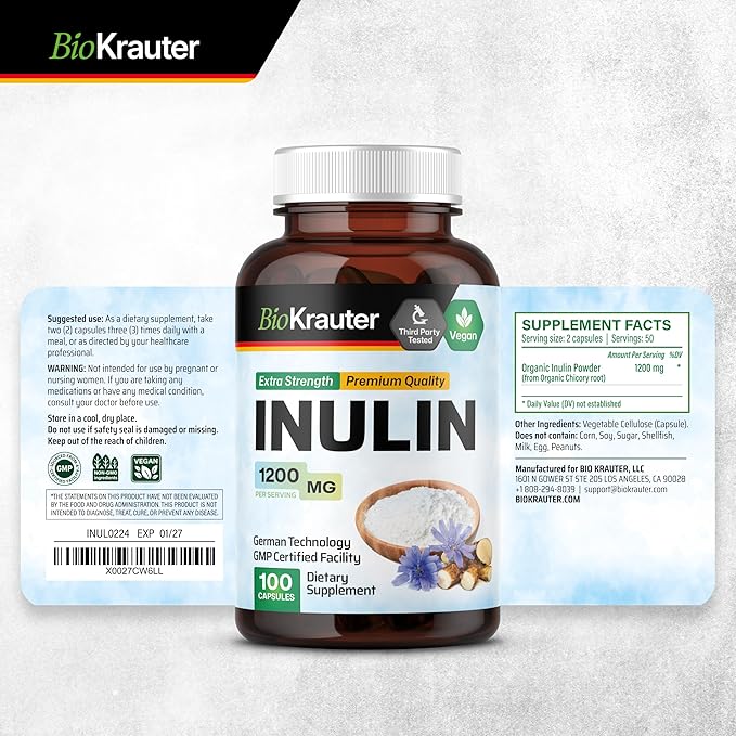 BIO KRAUTER Inulin Powder Capsules - 1200 mg Strength - 100 Count - Fiber Supplement - Chicory Root Fiber Capsules for Digestive Support - Pure Soluble Fiber Supplements - Vegan Inulin Capsules