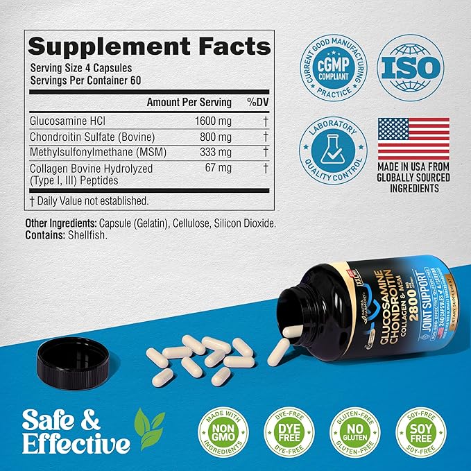 Glucosamine Chondroitin MSM Collagen | FSA HSA Eligible | Joint Support Supplement 2800 mg | Made in USA | FSA Approved Product Items | Flexibility Nutritional Vitamins | For Men & Women, 240 Capsules