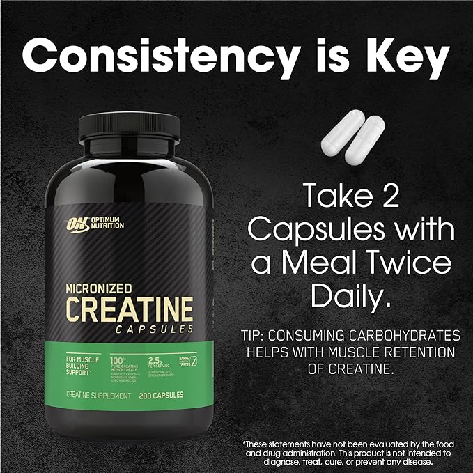Optimum Nutrition Micronized Creatine Monohydrate Capsules, Keto Friendly, 2500mg, 200 Capsules (Packaging May Vary)