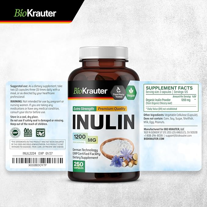 BIO KRAUTER Inulin Powder Capsules - 1200 mg Strength - 250 Count - Fiber Supplement - Chicory Root Fiber Capsules for Digestive Support - Pure Soluble Fiber Supplements - Vegan Inulin Capsules