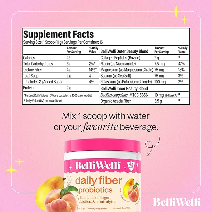Daily Fiber Supplement Powder with Collagen, Probiotics & Electrolytes | Supports Digestive Health, Gut Balance & Debloating | Peach Mango | 16 Servings