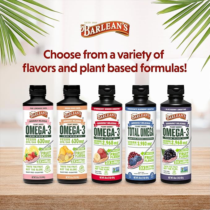 Barlean's Liquid Flaxseed, Borage & Algae Oils Omega 3 Supplement, Pomegranate Blueberry Flavor, Vegan EPA & DHA from Algal Oil, Flax Oil and Borage Seed Oil with 3,980 mg of Omega-3-6-9, 16 oz