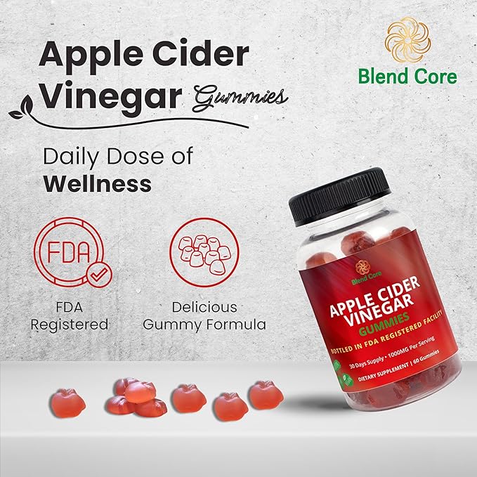 Apple Cider Vinegar Gummies with Vitamin B12 – Vegan, Gluten-Free, Non-GMO – Apple & Purple Carrot Flavored – 1000mg ACV – 60 Gummies, 30-Day Supply