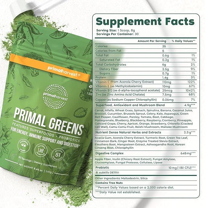 Primal Harvest Super Greens Powder, 30 Servings w/+50 Greens Superfood Chlorella, Probiotics, Green Tea, Wheatgrass, Kale, Turmeric for Energy,Primal Greens