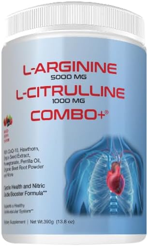 L-arginine 5000 mg and L-citrulline 1000 mg Combo, Nitric Oxide Supplement Complex, Cardio Heart Health Powder, Mixed Berry Flavor, 16.82 Oz..