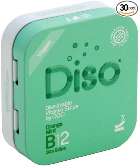 DISO - Vitamin B12 - Dissolvable Oral Strips, for Tiredness and Fatigue, Orange Mint Flavor, Vegan, Sugar Free, Maximum Absorption, Gluten Free, Individually Wrapped, 30 Count