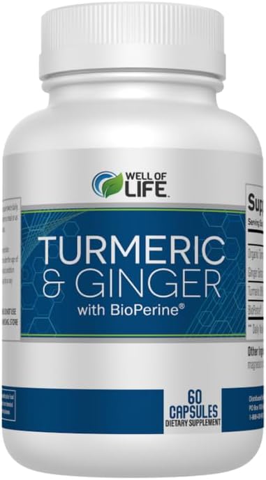 Well of Life: Turmeric & Ginger with BioPerine®: Joint Support - 655mg | 60 Veg Capsules. Helps Immune Function, Digestive Health, and Overall Wellness. Made in USA.