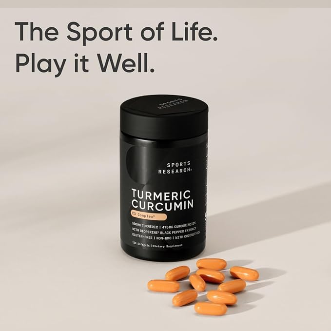 Sports Research Turmeric Curcumin C3 Complex - Softgels with Bioperine Black Pepper Extract & Organic Coconut Oil, Standardized 95% Curcuminoids - Non-GMO Verified & Gluten Free - 500mg, 120 Count