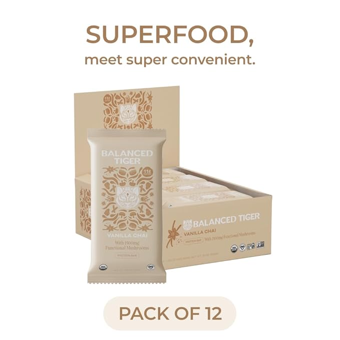 Organic Functional Mushroom Protein Bars | Full Dose (1500mg) Lions Mane, Chaga, Reishi & Cordyceps Bars | Vegan Protein Bars, Adaptogens, Superfoods Protein Bars | Vanilla Chai Flavor