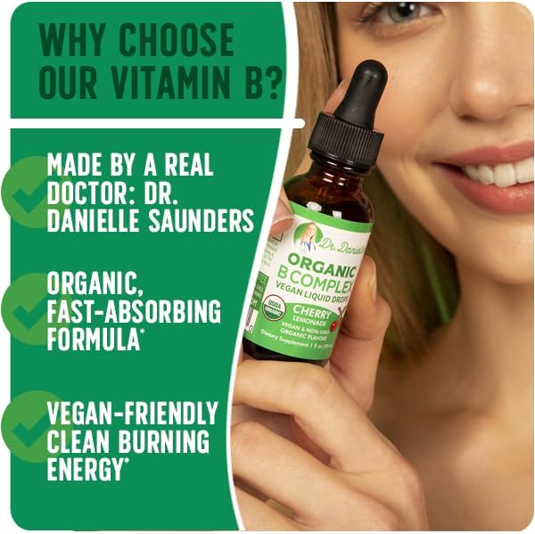 Organic Vitamin B Complex Liquid Drops | B Vitamins Complex Supplement with B3, B6, B7, B9 & Methyl B12 Drops for Adults & Kids | Vegan Cherry Flavor 1oz | 60 Servings / 2 Month Supply