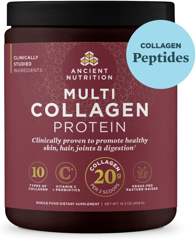Ancient Nutrition Collagen Powder Protein with Probiotics, Multi Collagen Protein with Vitamin C, Hydrolyzed Collagen Peptides Supports Skin and Nails, Gut Health (40 Servings, Unflavored)