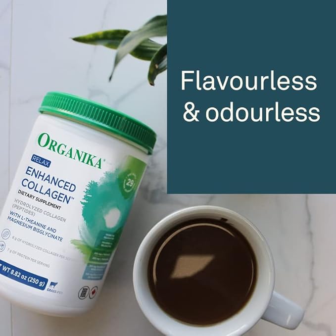 Organika Enhanced Collagen Relax Powder with Magnesium Bisglycinate and L-Theanine - Aids in Sleep, Sustained Energy Levels Throughout The Day- 250g