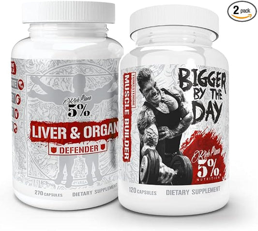 5% Nutrition 2-Stack | Liver & Organ Defender with NAC + BiggerByTheDay | Liver, Kidney, & Heart Support + Anabolic Muscle Builder, Hardcore Lean Mass Gainer with Turkesterone, HICA, L-Leucine